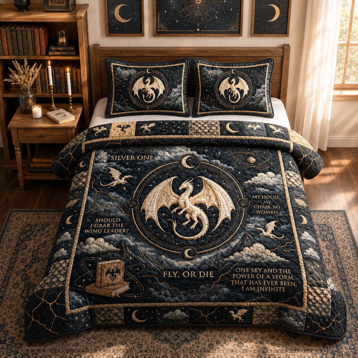 Silver Moon Dragon 3-Piece Quilted Bedding Set GDTONTD961