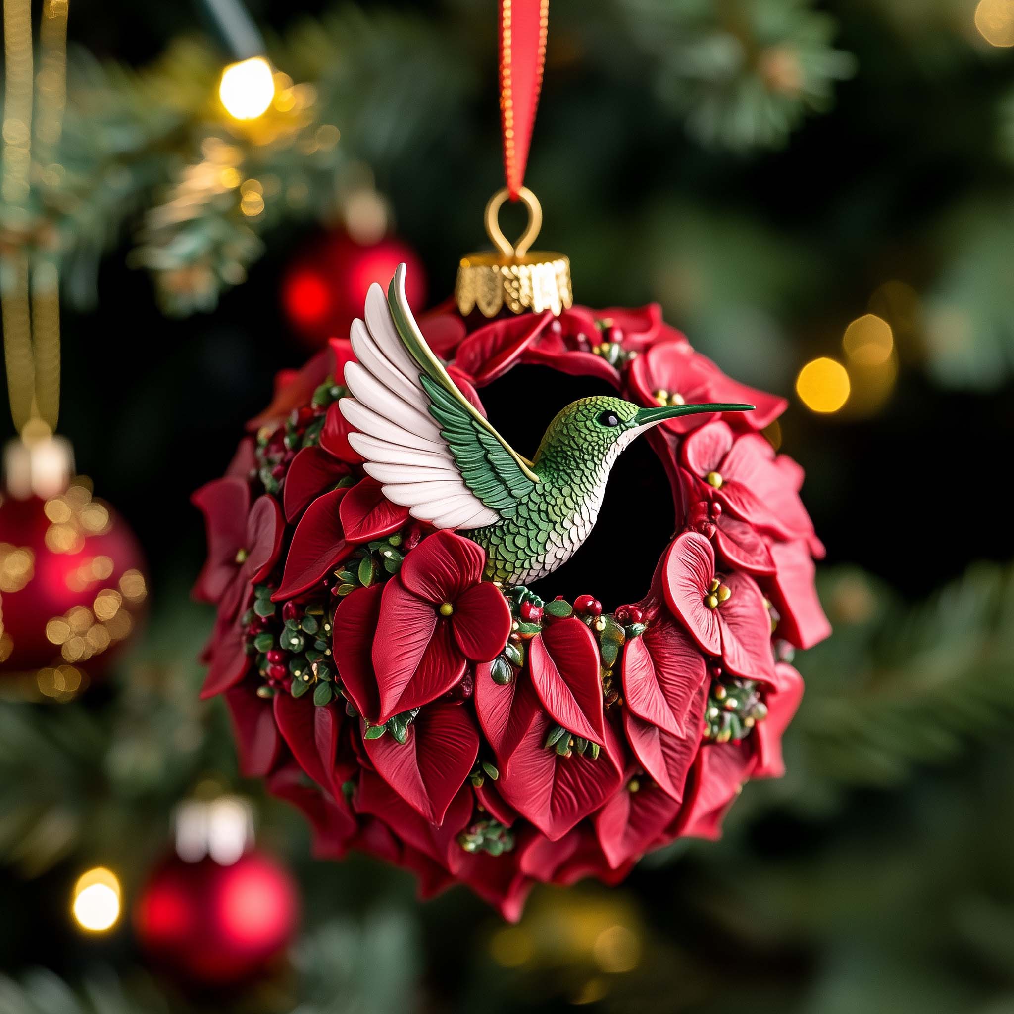 Poinsettia Bird Christmas Mica Ornament GFSPQM398