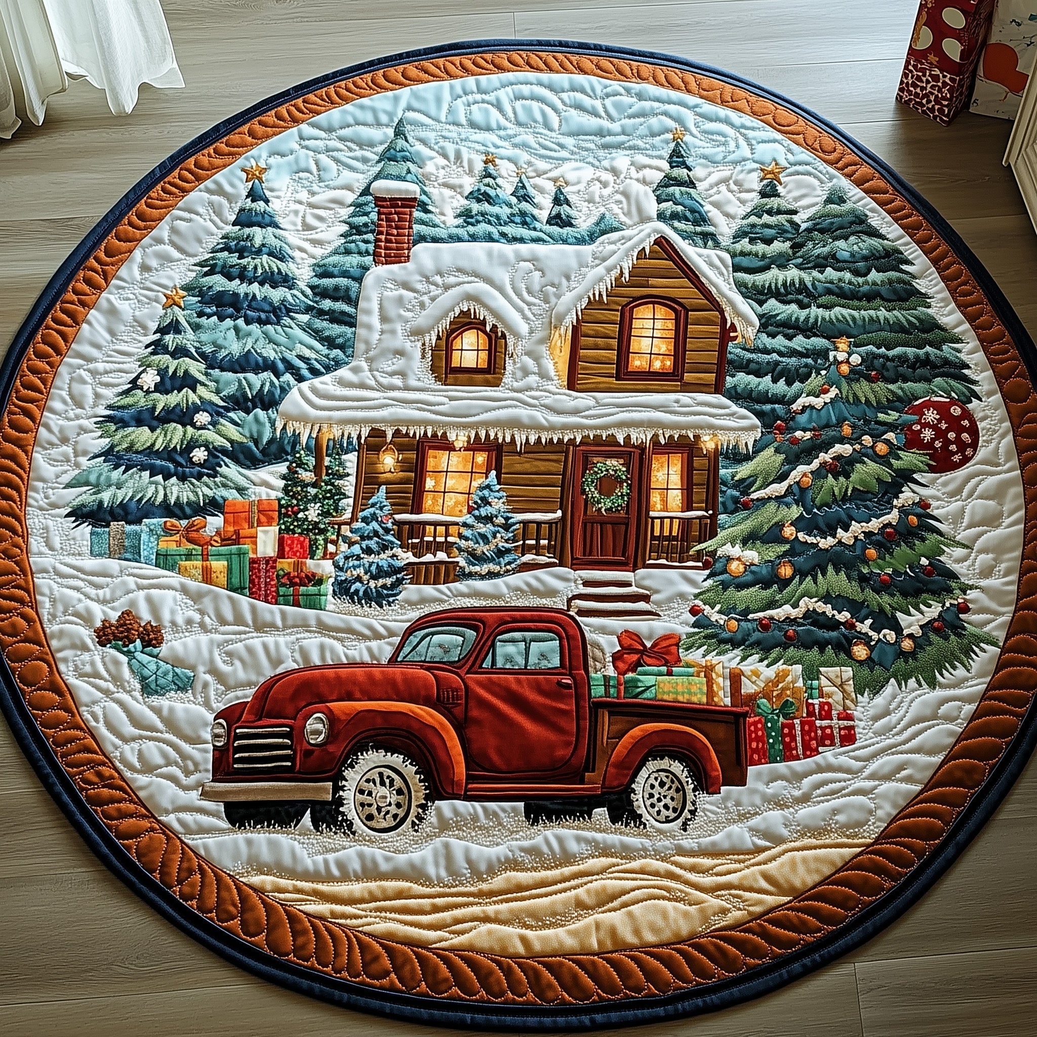 Peaceful Snow Cabin Quilted Round Mat GFTOHD10639