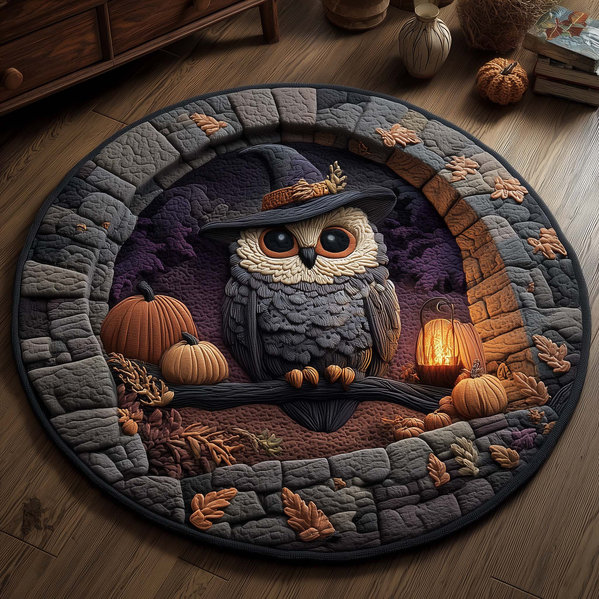 Halloween Witch Owl Quilted Round Mat GFTOHD11404