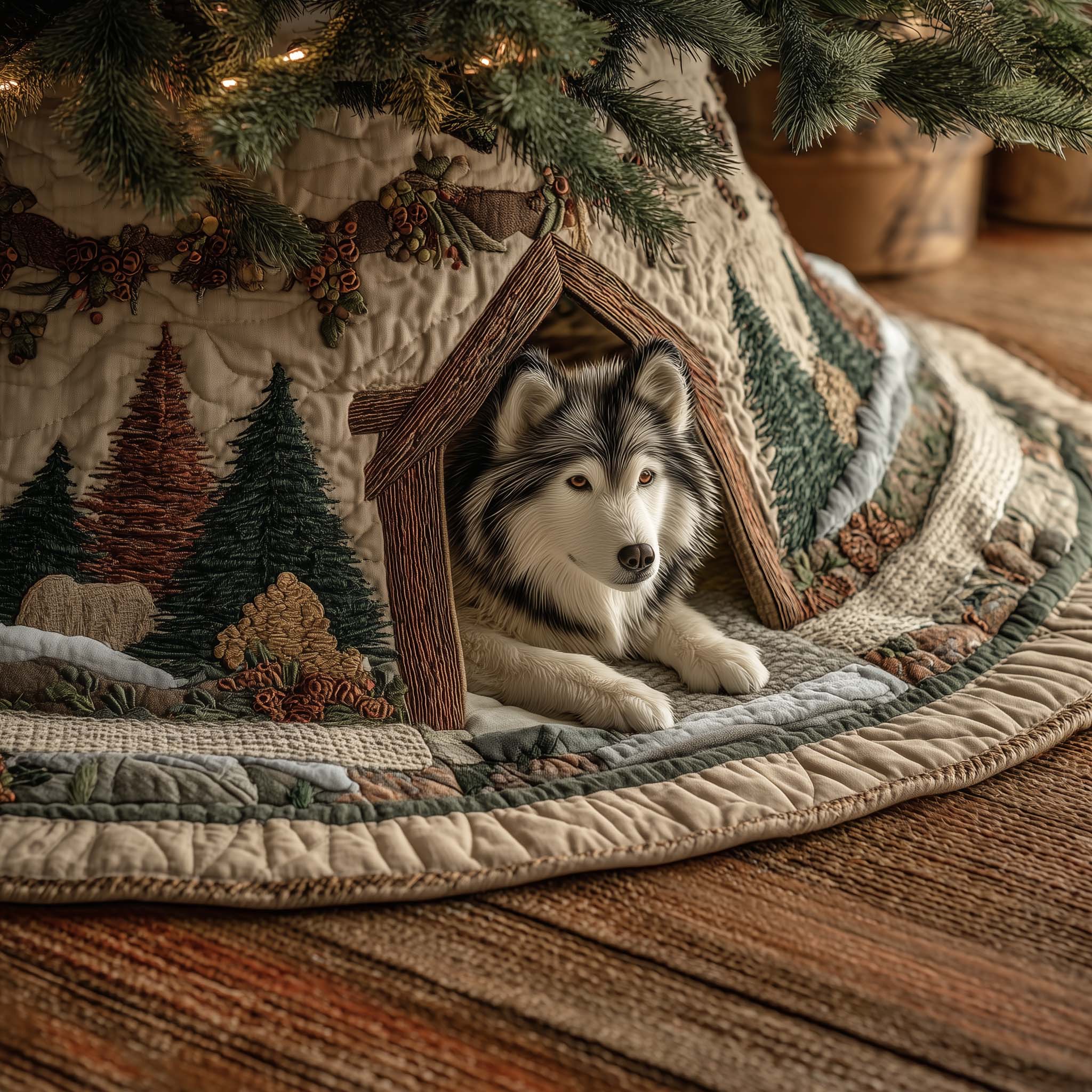 Holiday Husky Spirit Quilted Tree Skirt GFTOHD11957