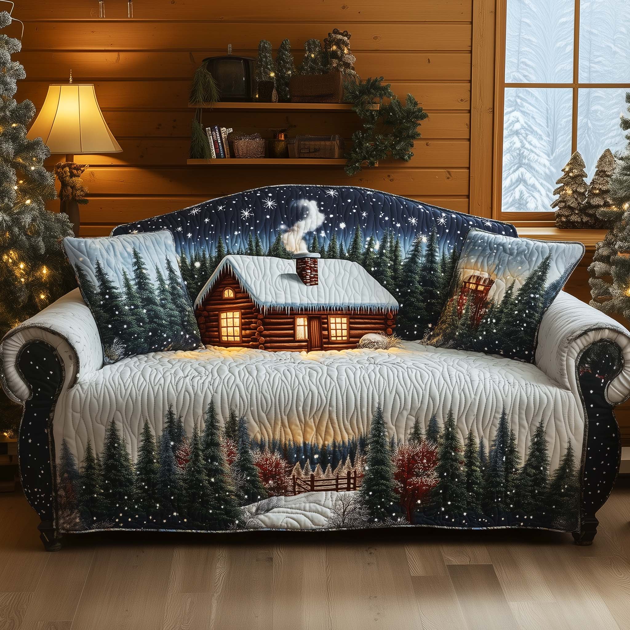 Peaceful Snow Cabin Quilted Sofa Cover GFTOHD12079