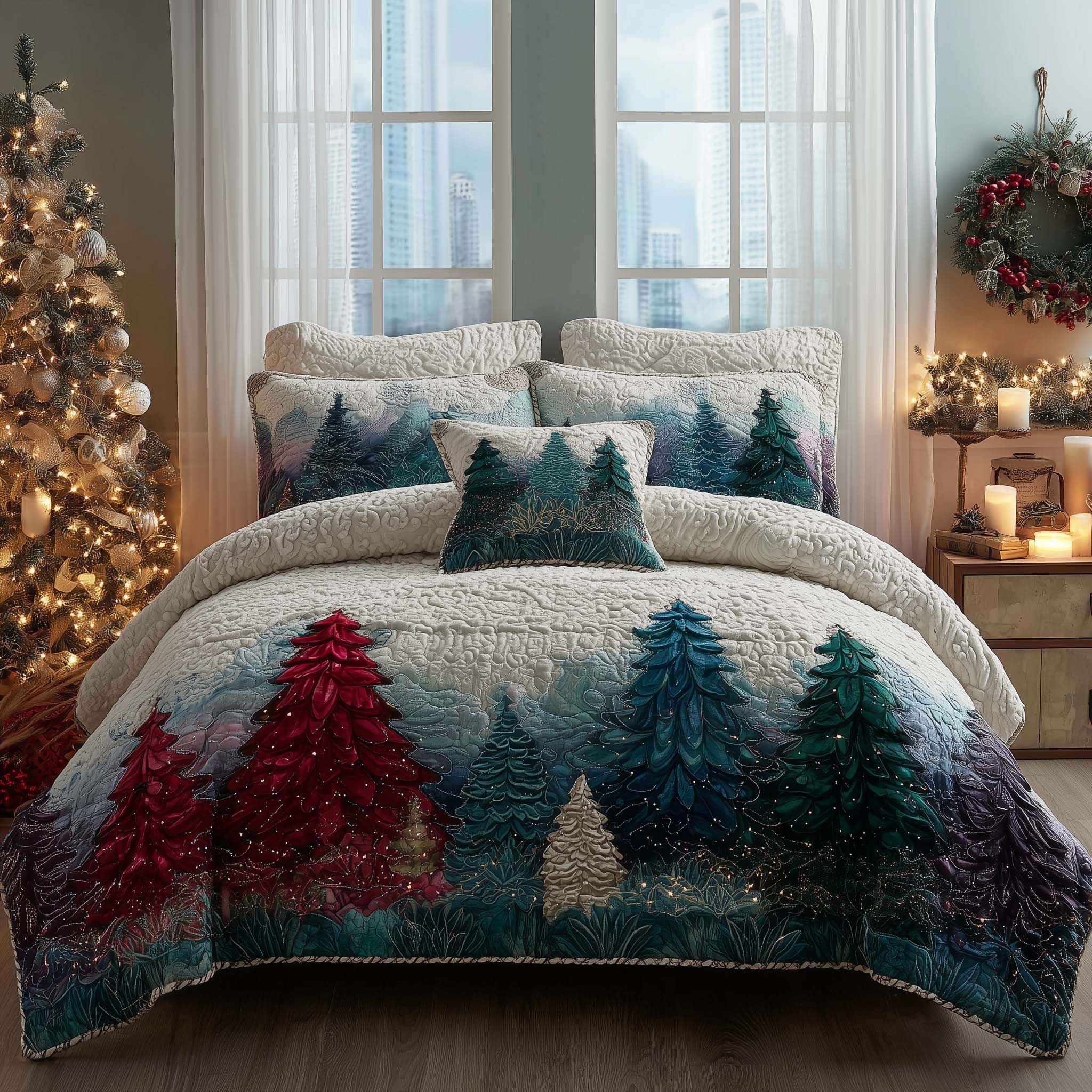Christmas Pine Forest 3-Piece Quilted Bedding Set GFTOHD12618