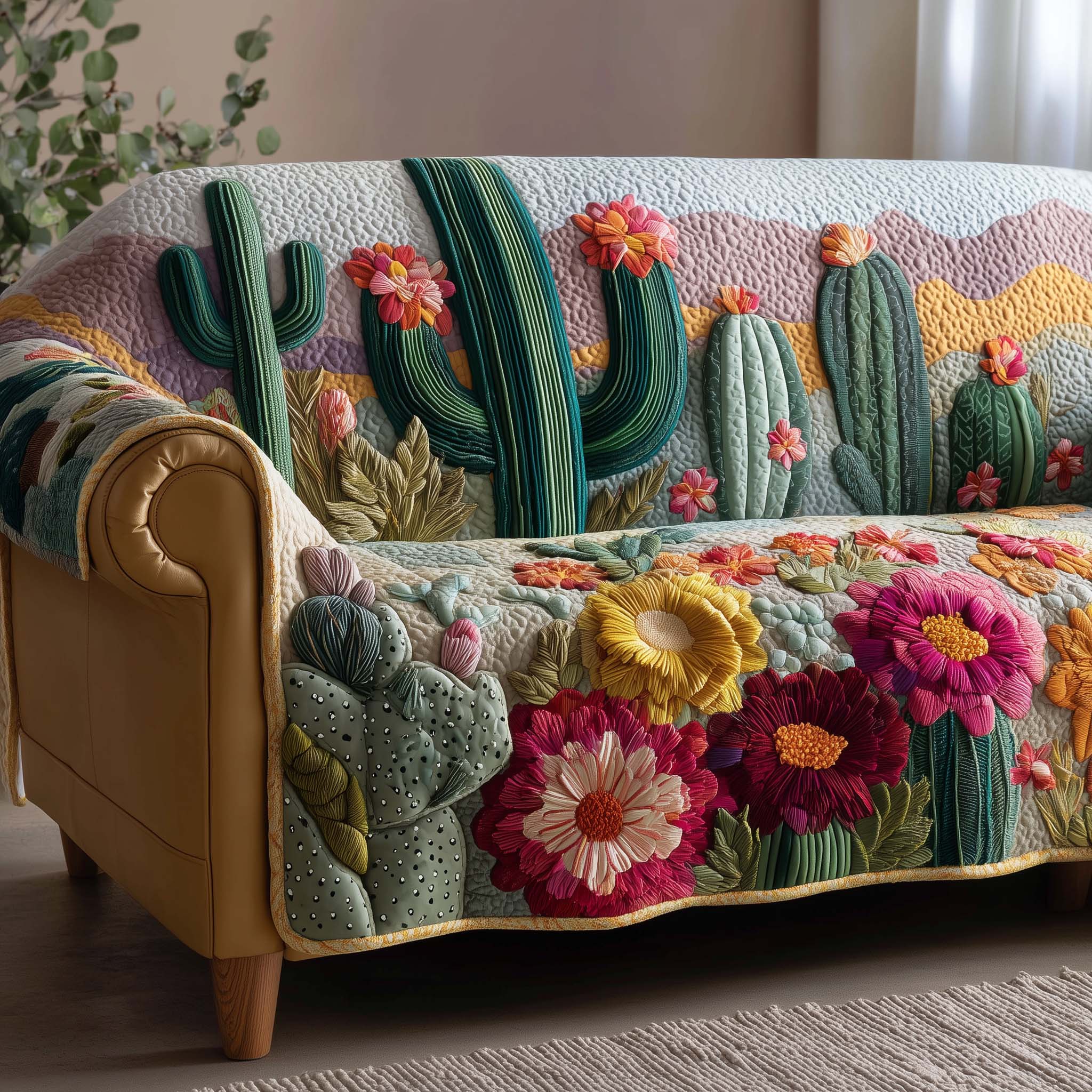 Cactus Bloom Quilted Sofa Cover GFTOHD12742