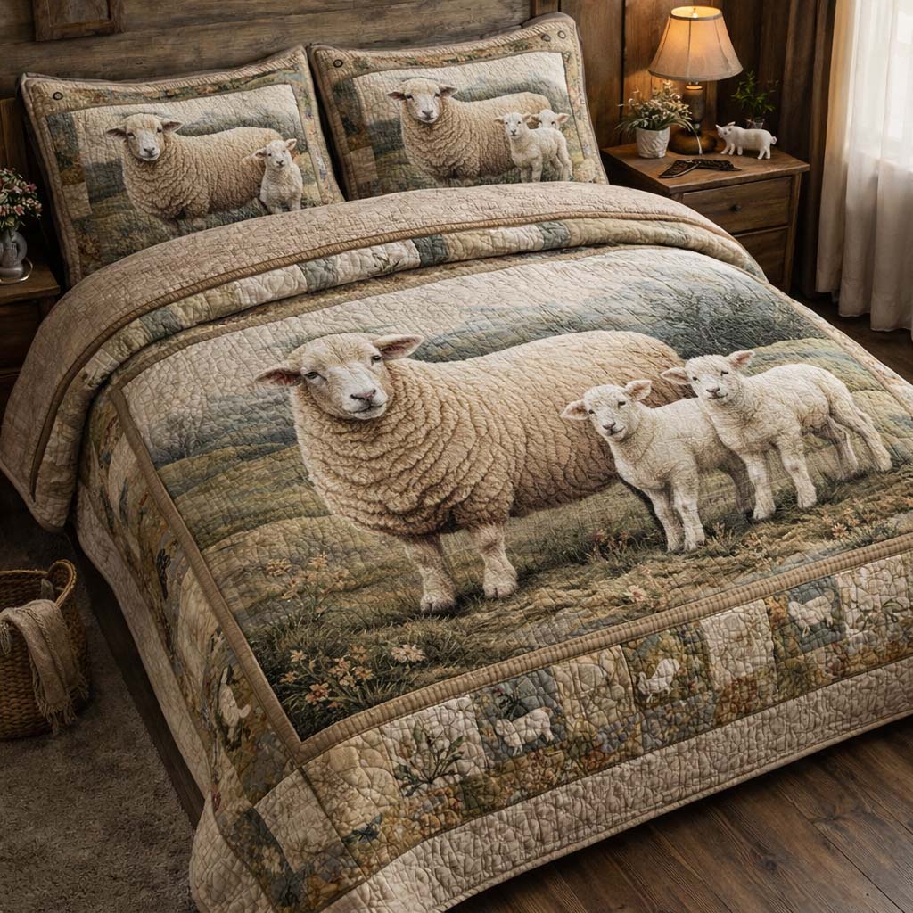 Meadow Lamb Family 3-Piece Quilted Bedding Set GFTOHD13156