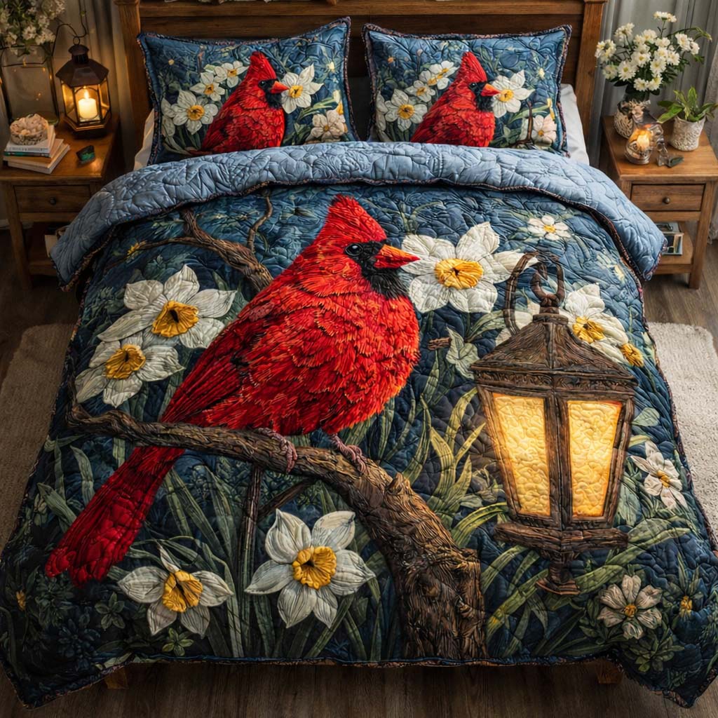 Midnight Lantern Cardinal 3-Piece Quilted Bedding Set GFTOHD14098