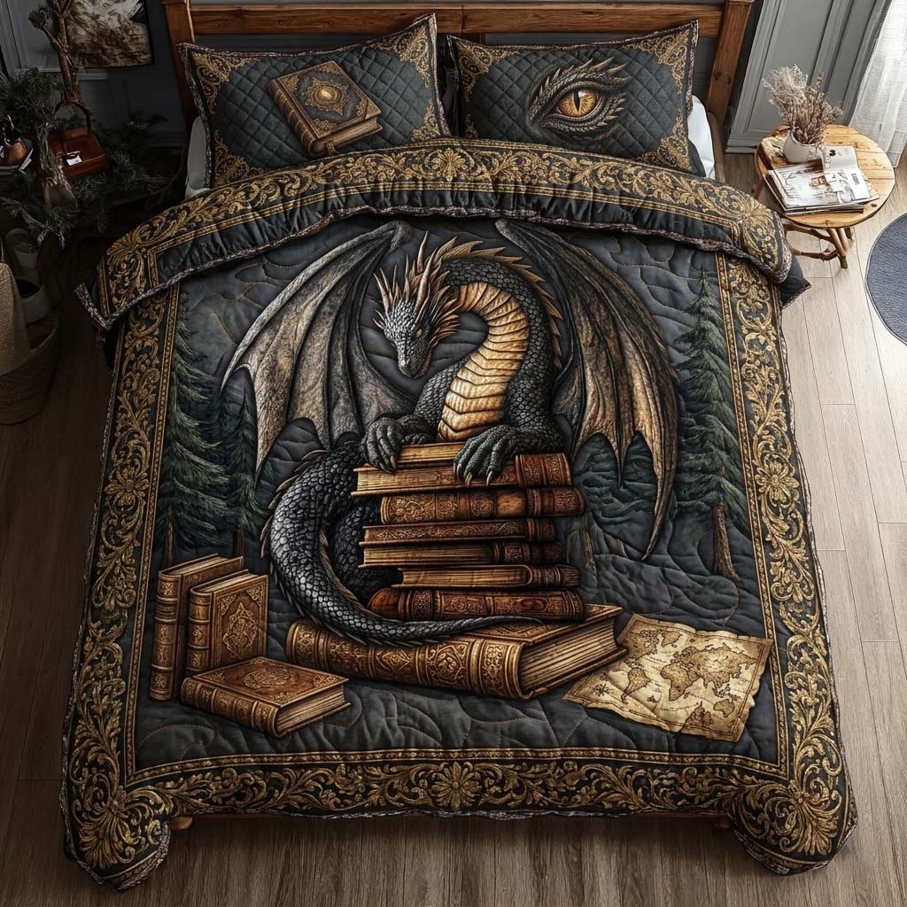 Shadow Dragon Library 3-Piece Quilted Bedding Set GFTOHD14593