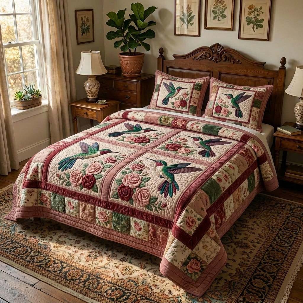 Rose Humming 3-Piece Quilted Bedding Set GFTOHD14686