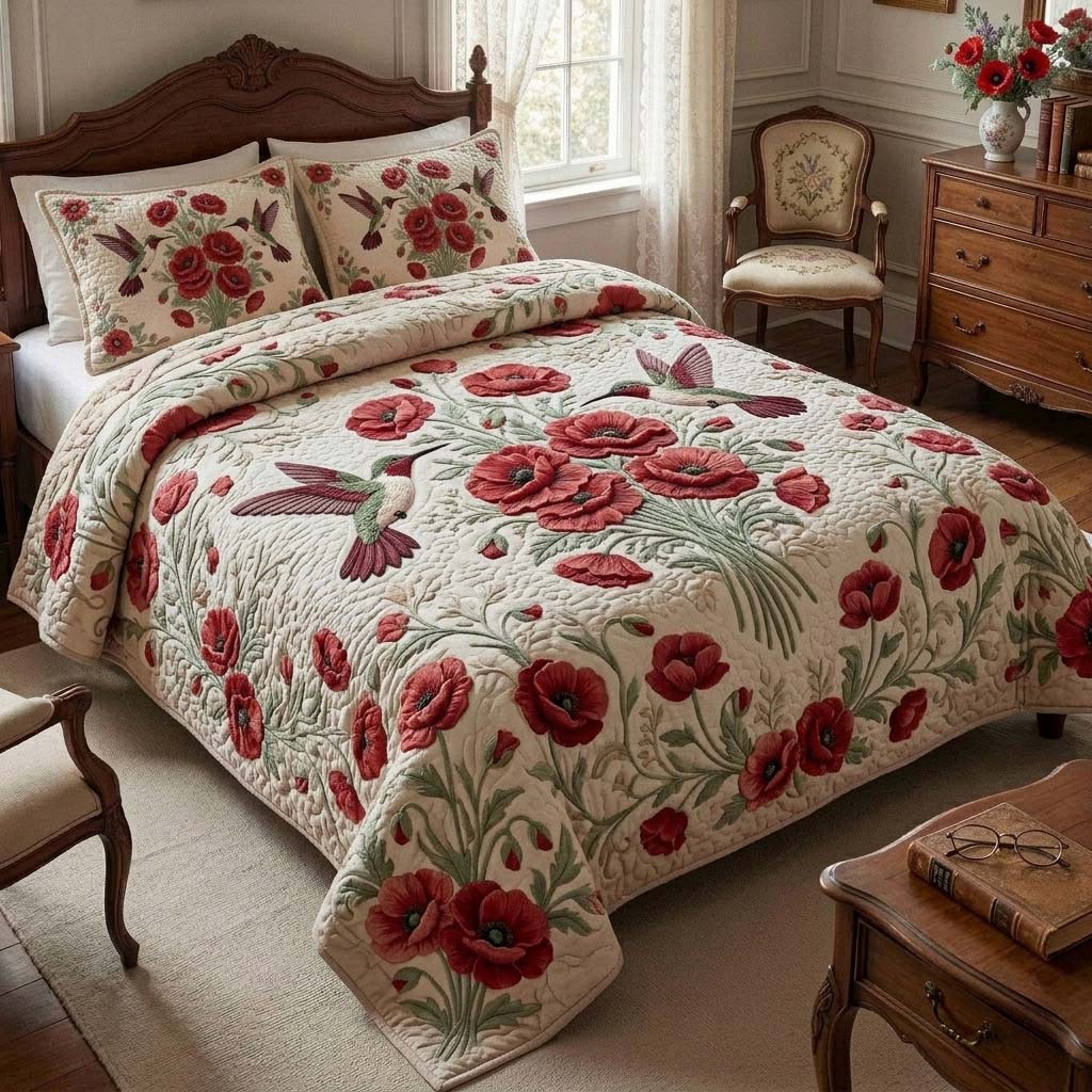 Poppy Humming 3-Piece Quilted Bedding Set GFTOHD14689