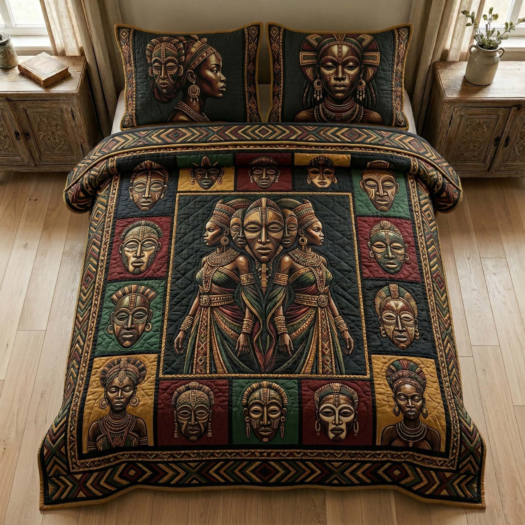 Ancestral Masks 3-Piece Quilted Bedding Set GFTOHD14723
