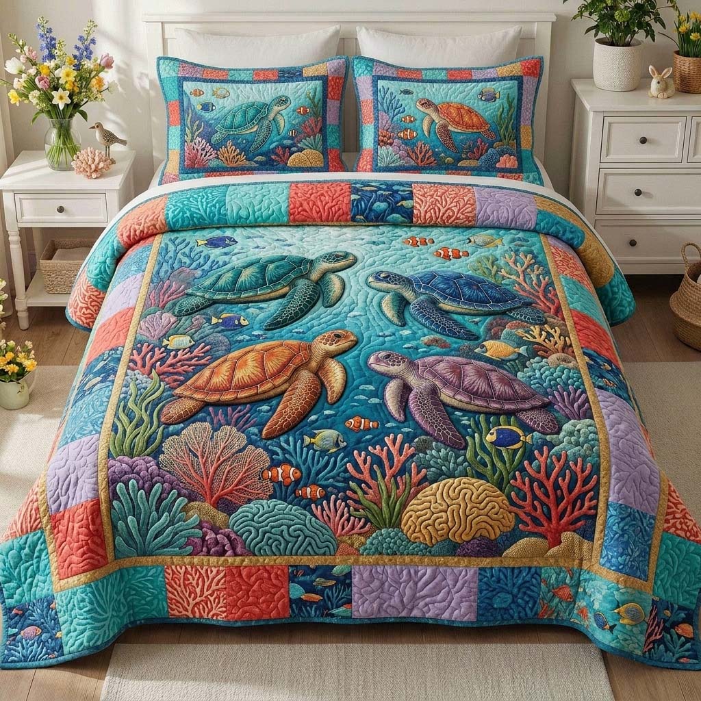 Coral Turtle Reef 3-Piece Quilted Bedding Set GFTOHD14778