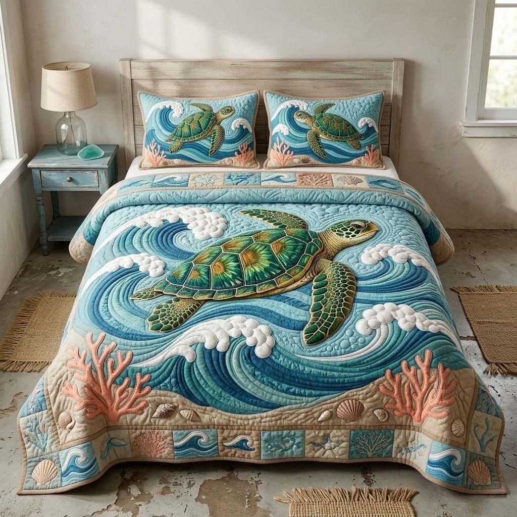 Ocean Wave Turtle 3-Piece Quilted Bedding Set GFTOHD14782
