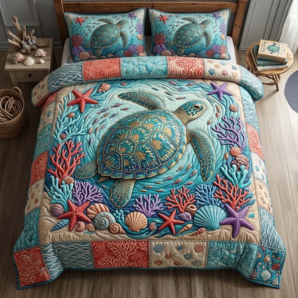 Tropical Bloom Turtle 3-Piece Quilted Bedding Set GFTOHD14784