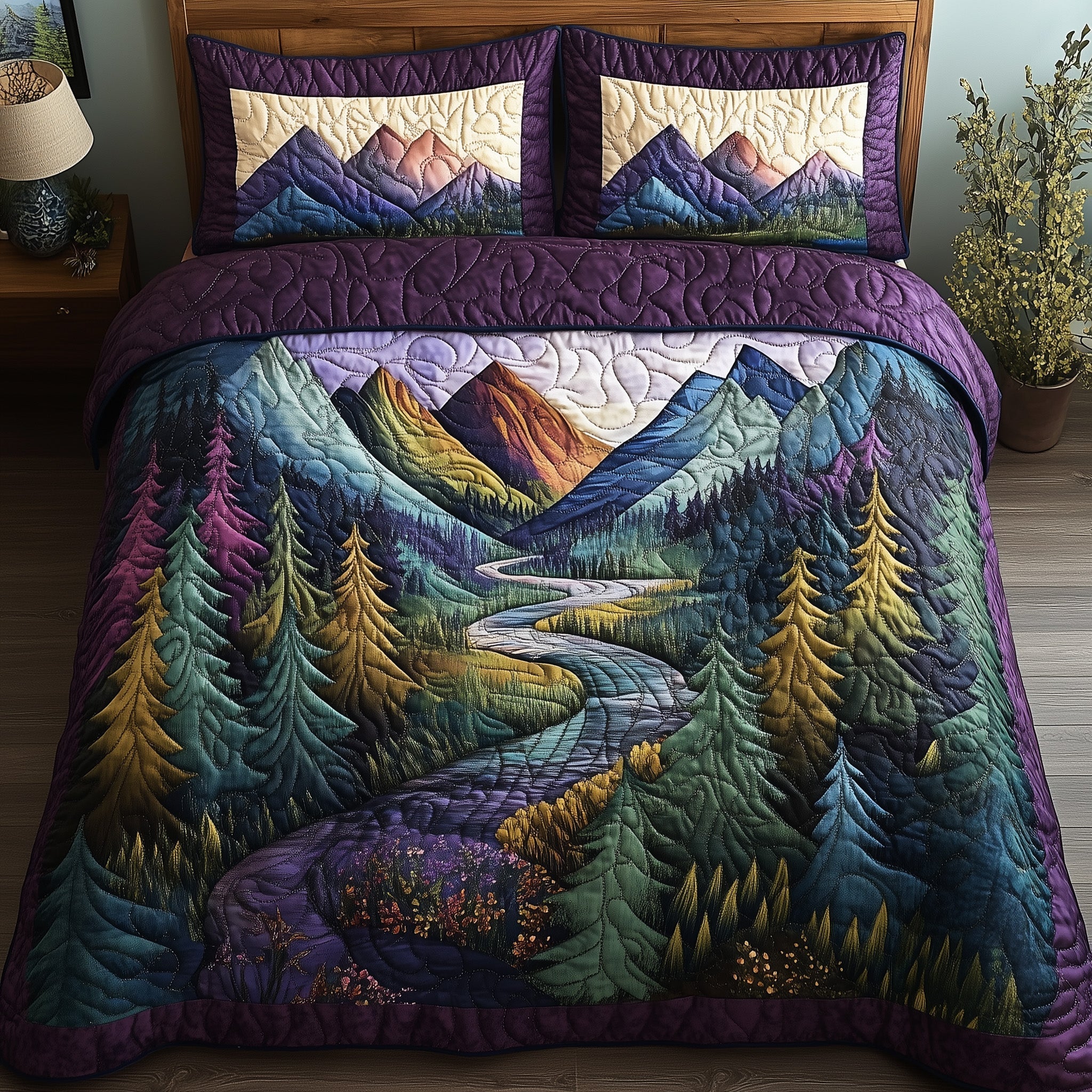 Peaceful Mountain Forest 3-Piece Quilted Bedding Set GFTOHD5702