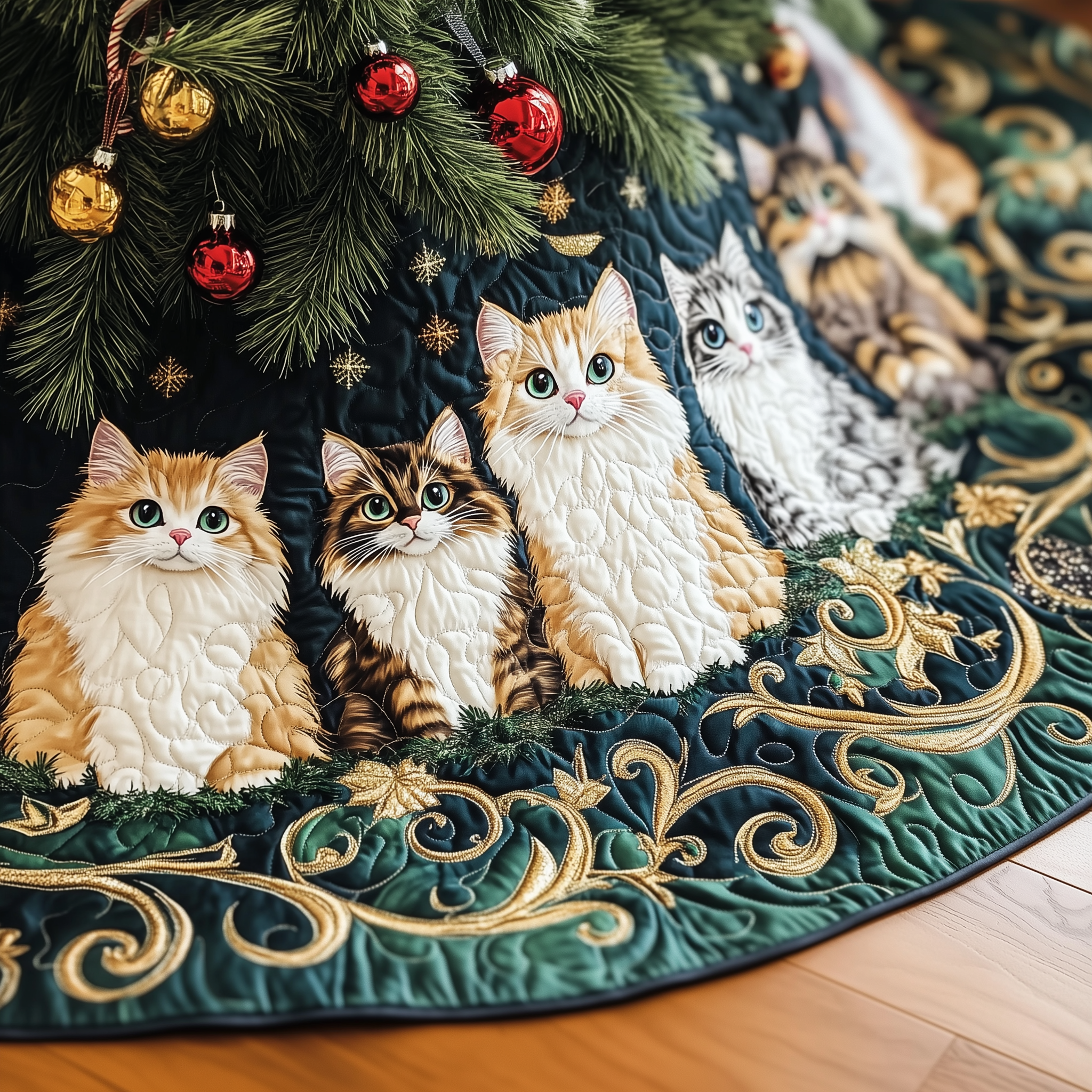 Festive Cat Quilted Tree Skirt GFTOHD594