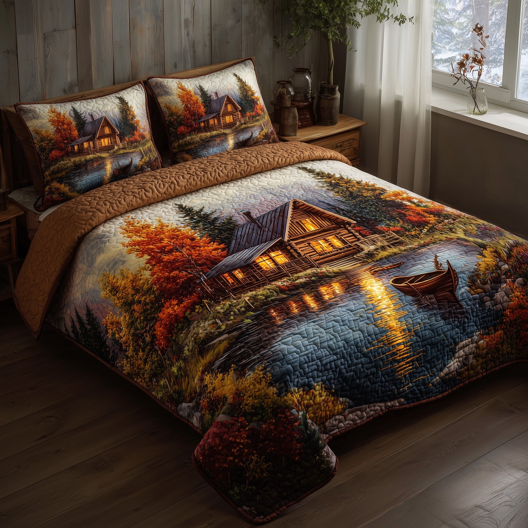 Golden Bloom Cabin 3-Piece Quilted Bedding Set GFTOHD9834