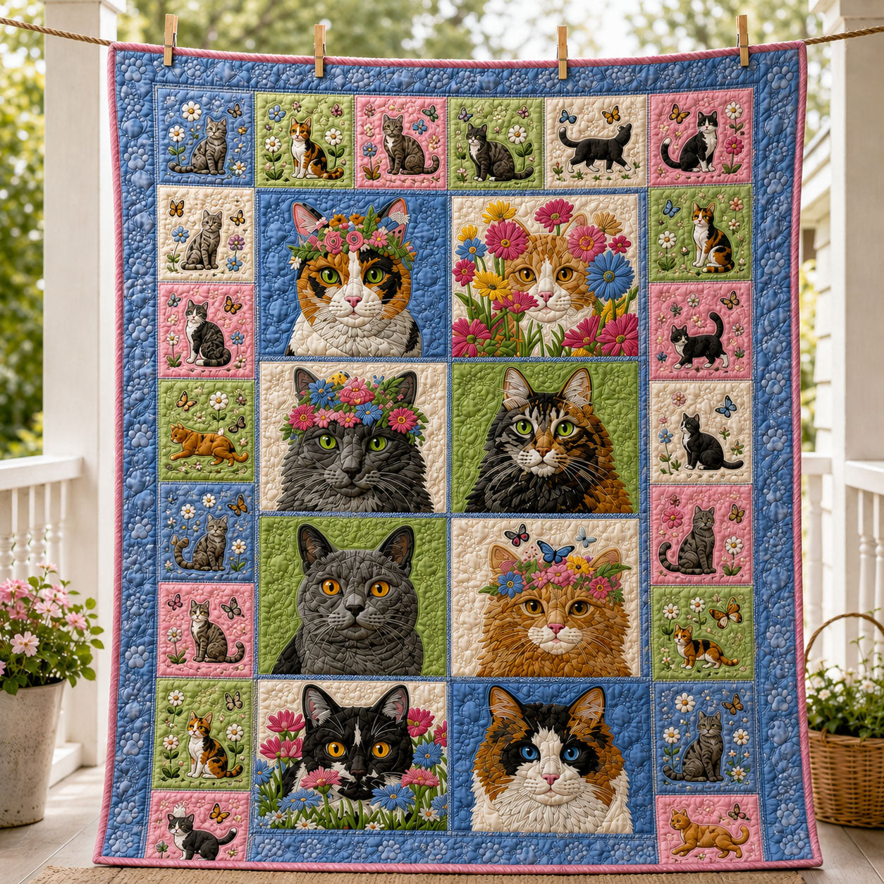 Flower Crown Cats Garden Patchwork Quilted Blanket GFTOHNL1000