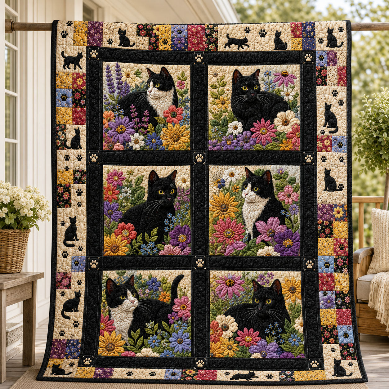Tuxedo Cats In Bloom Patchwork Quilted Blanket GFTOHNL1001