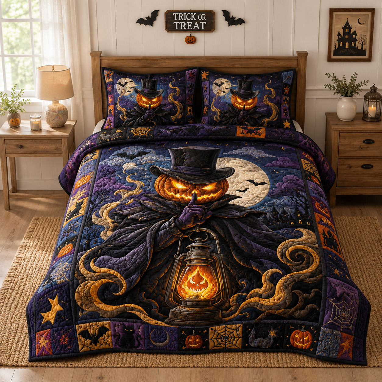 Pumpkin Warlock Lantern 3-Piece Quilted Bedding Set GFTOHNL1048