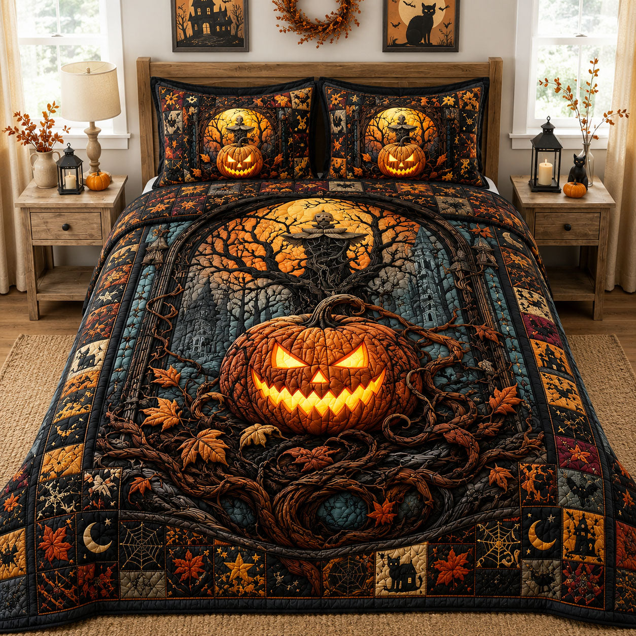 Haunted Harvest Jack O Lantern 3-Piece Quilted Bedding Set GFTOHNL1049