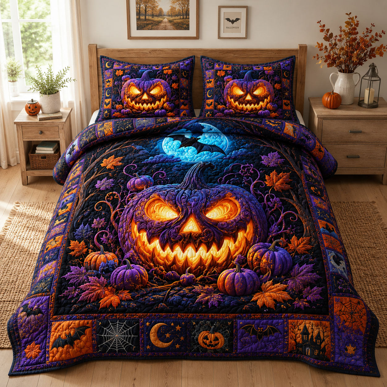 Purple Moon Pumpkin Glow 3-Piece Quilted Bedding Set GFTOHNL1050