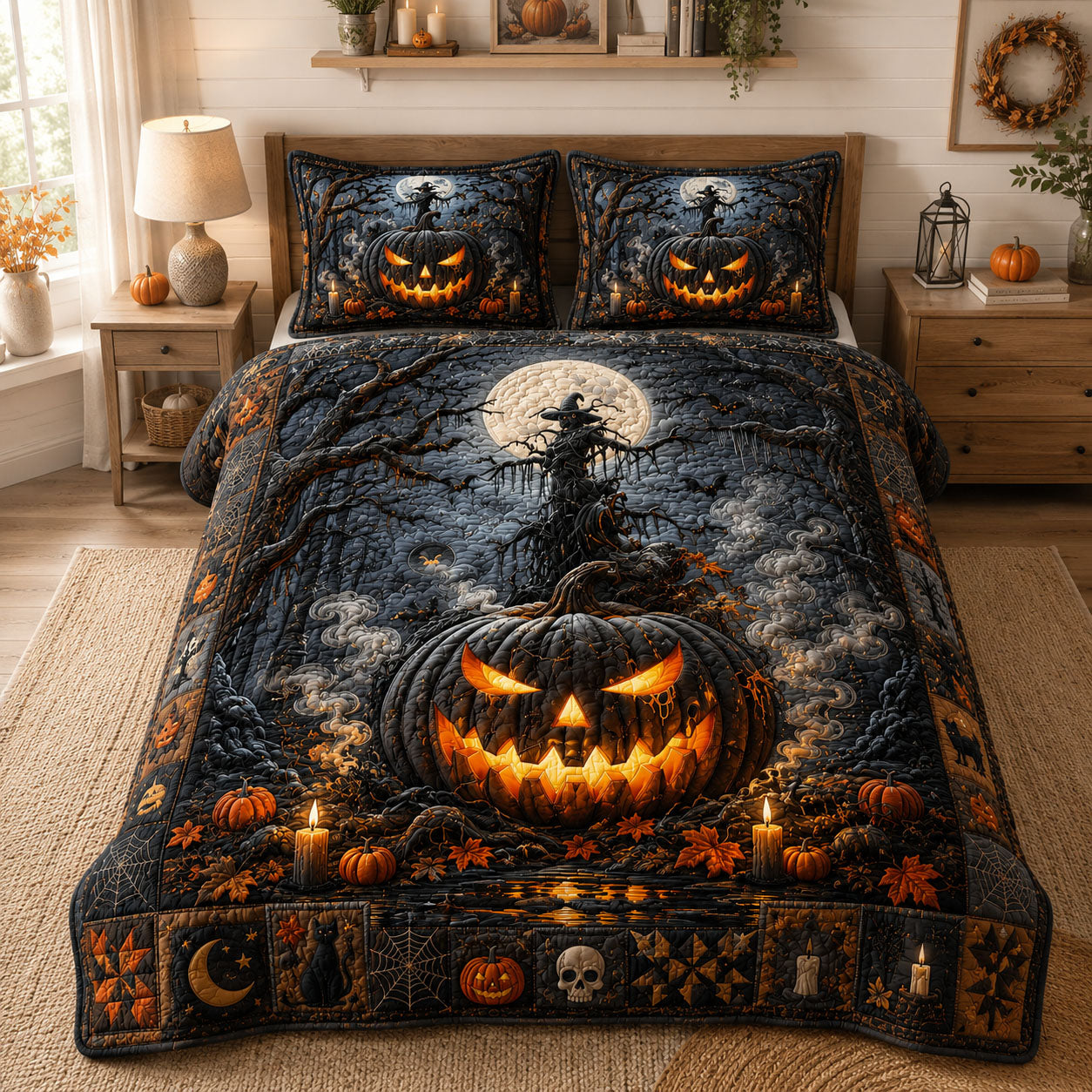 Midnight Pumpkin Spirit 3-Piece Quilted Bedding Set GFTOHNL1052