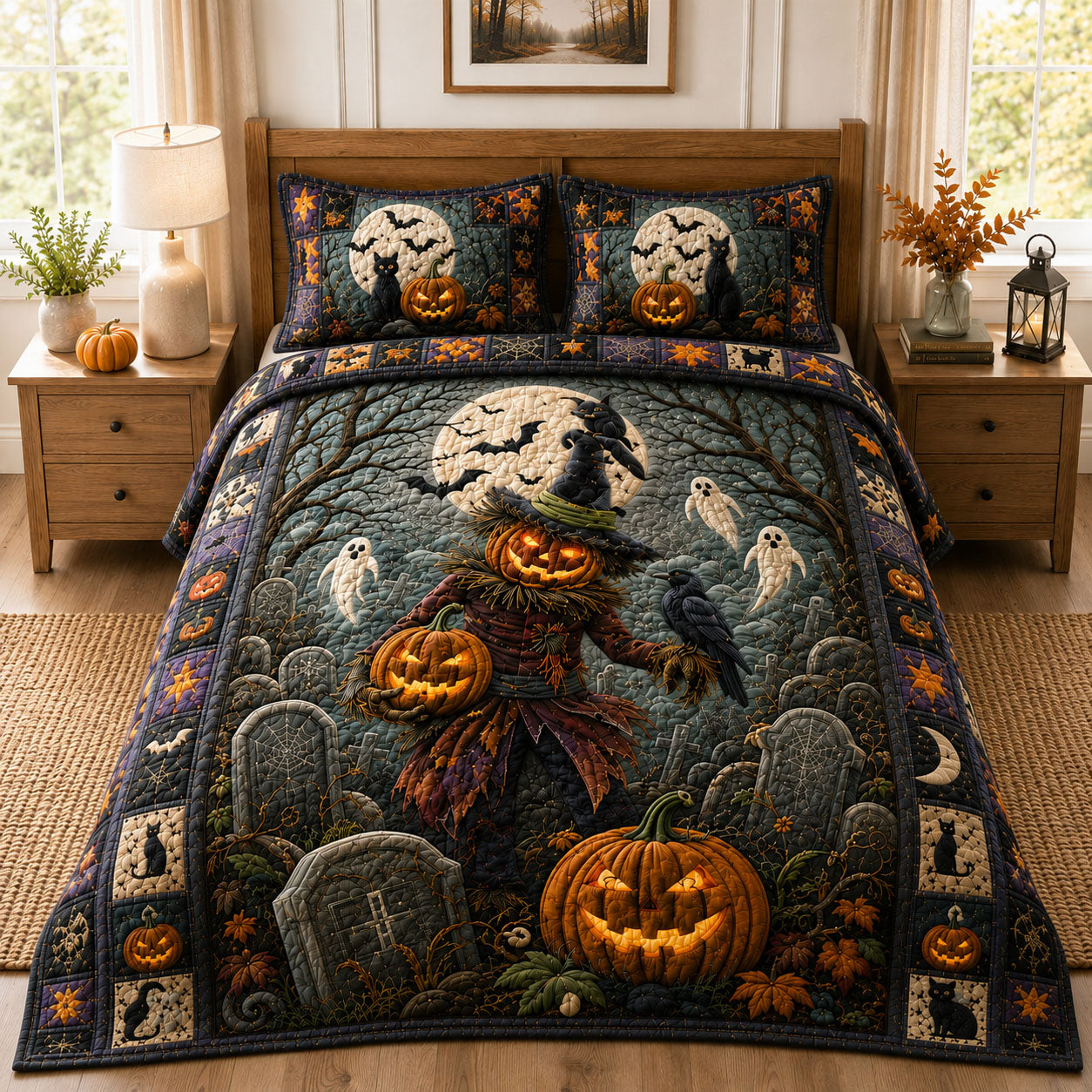 Ghostly Pumpkin Guardian 3-Piece Quilted Bedding Set GFTOHNL1053
