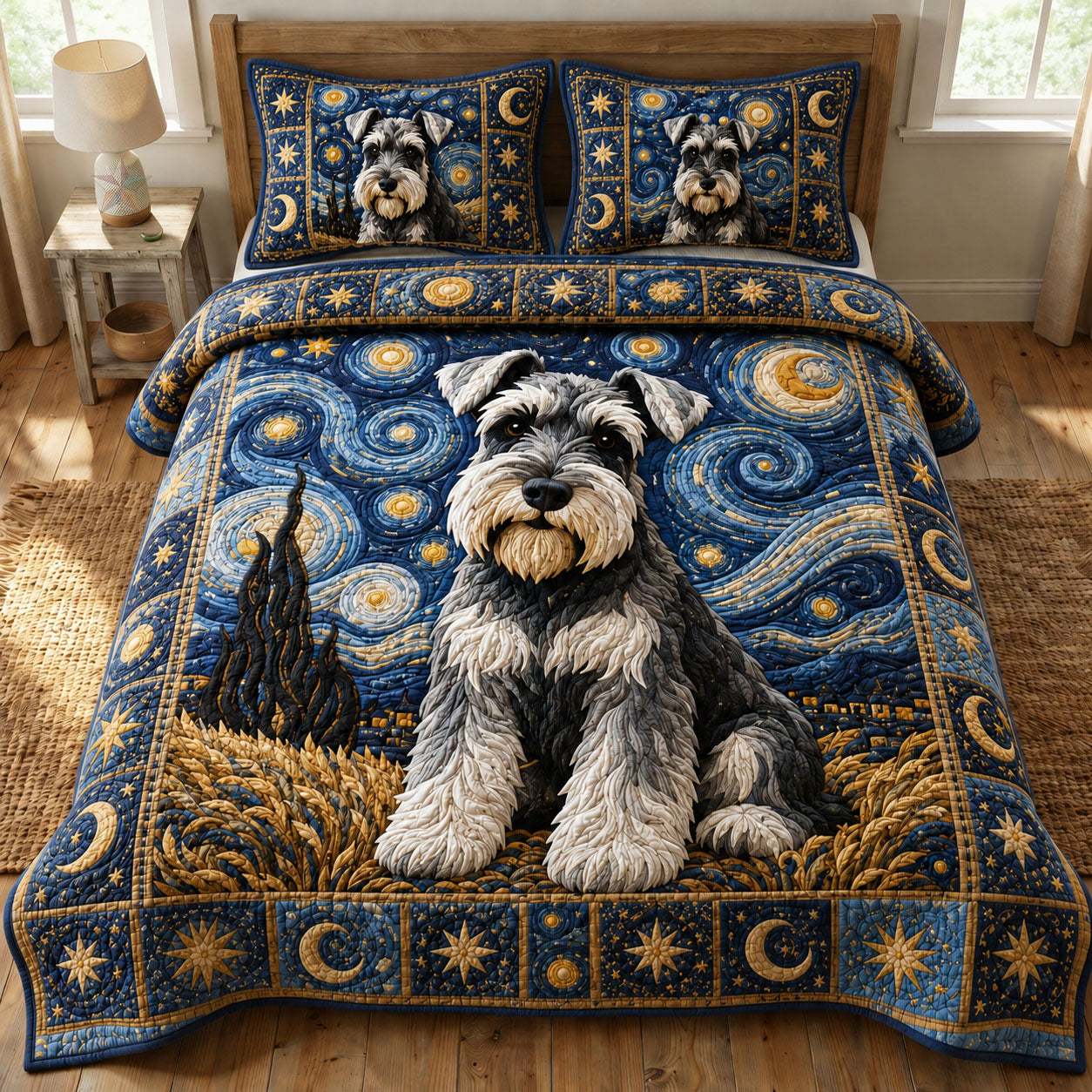 Starry Night Schnauzer Dog 3-Piece Quilted Bedding Set GFTOHNL1076