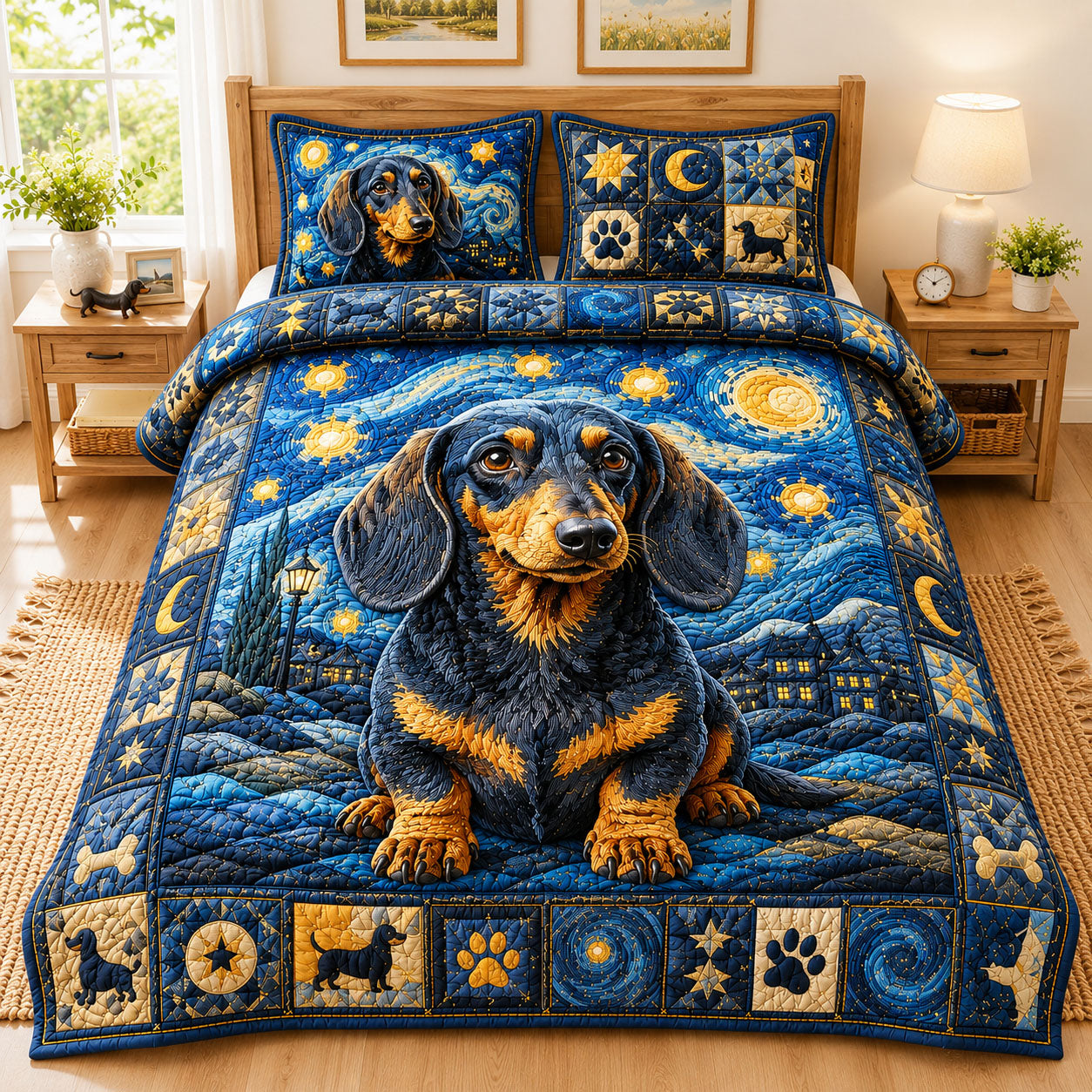 Moonlit Dachshund Dream 3-Piece Quilted Bedding Set GFTOHNL1077