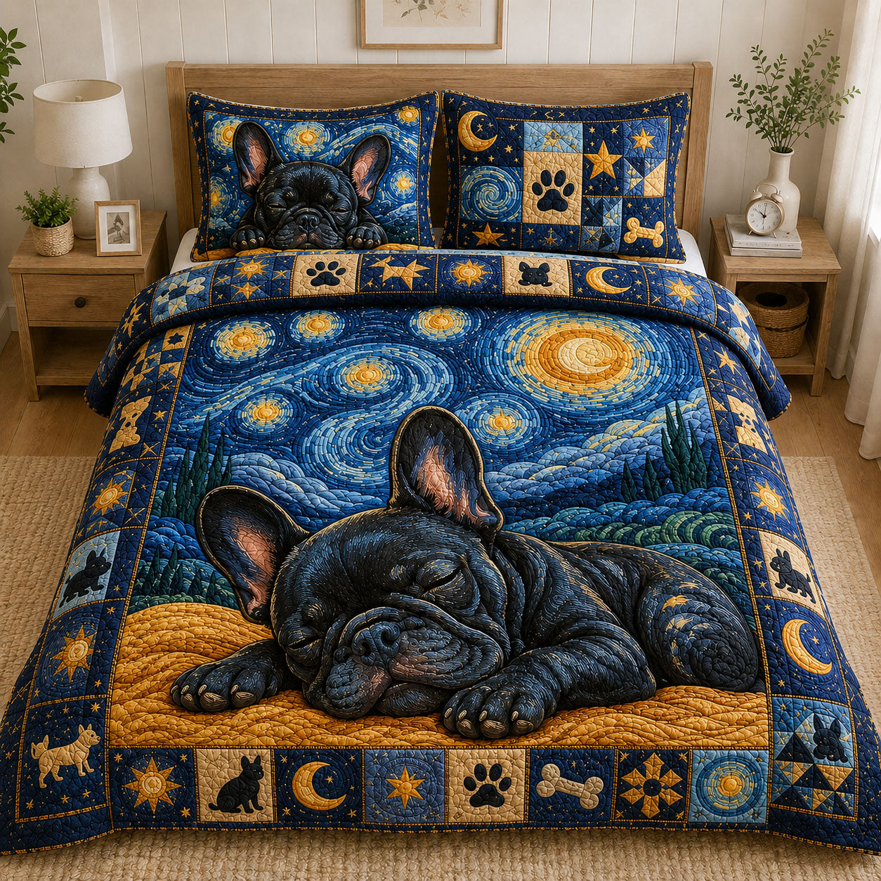 Sleeping French Bulldog Starry Sky 3-Piece Quilted Bedding Set GFTOHNL1078