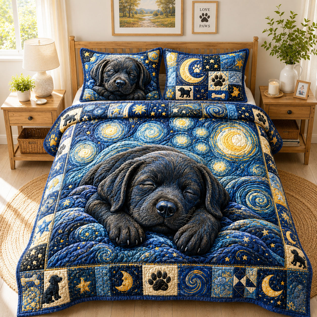 Sleeping Black Labrador Night Sky 3-Piece Quilted Bedding Set GFTOHNL1079