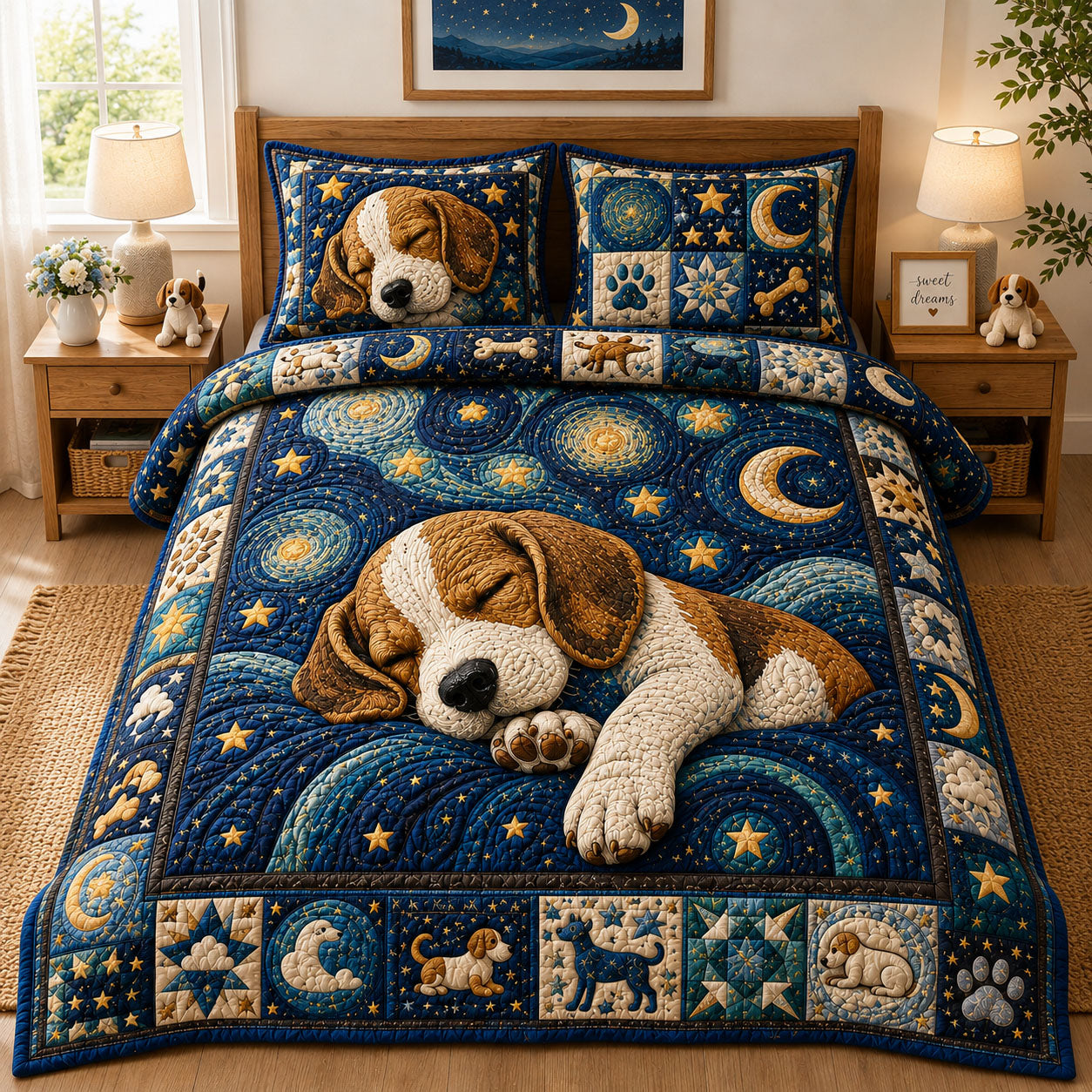 Dreamy Beagle Moonlight 3-Piece Quilted Bedding Set GFTOHNL1080