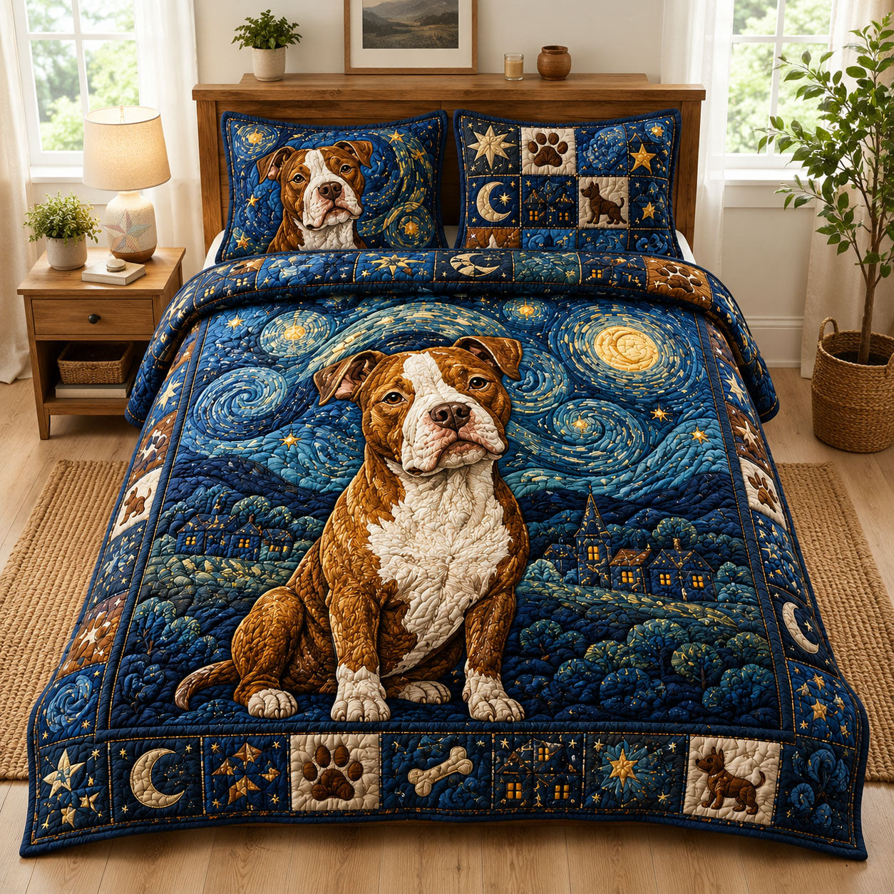 Starry Night Pit Bull Dog 3-Piece Quilted Bedding Set GFTOHNL1082