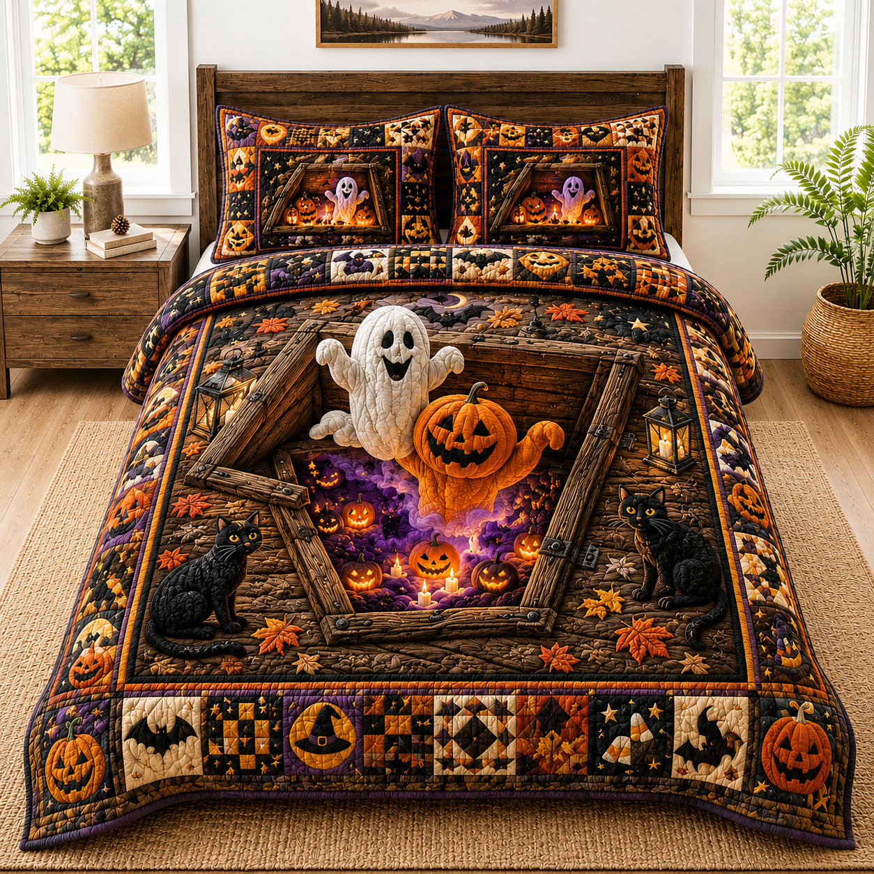 Spooky Trapdoor Ghost Pumpkin Halloween 3-Piece Quilted Bedding Set GFTOHNL1091