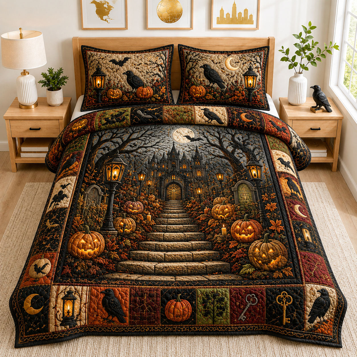 Haunted Mansion Raven Pumpkin Halloween 3-Piece Quilted Bedding Set GFTOHNL1092