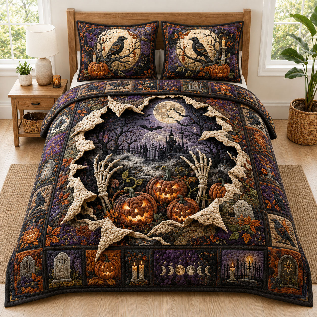 Skeleton Hands Pumpkin Graveyard Halloween 3-Piece Quilted Bedding Set GFTOHNL1093