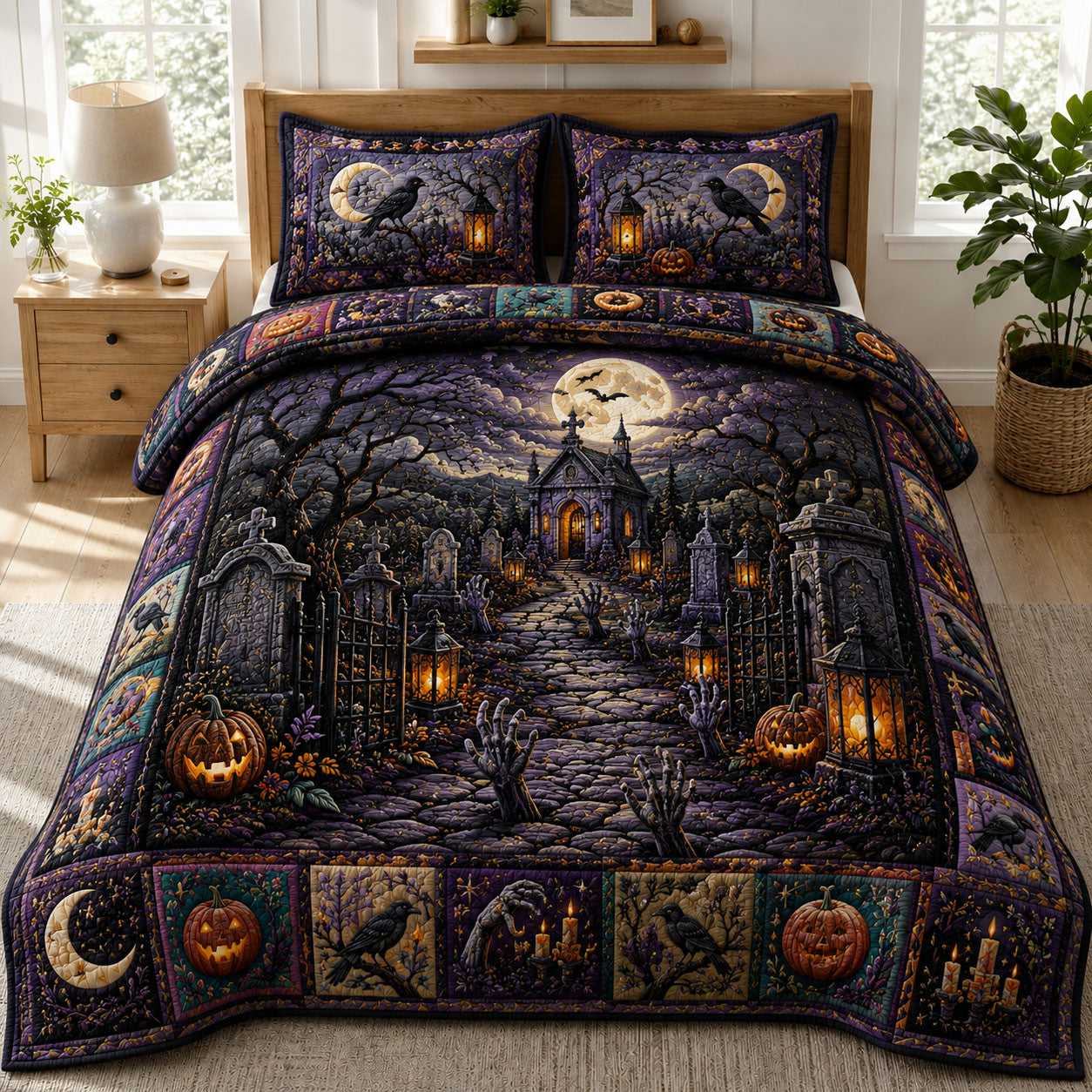 Moonlit Gothic Cemetery Chapel Halloween 3-Piece Quilted Bedding Set GFTOHNL1094