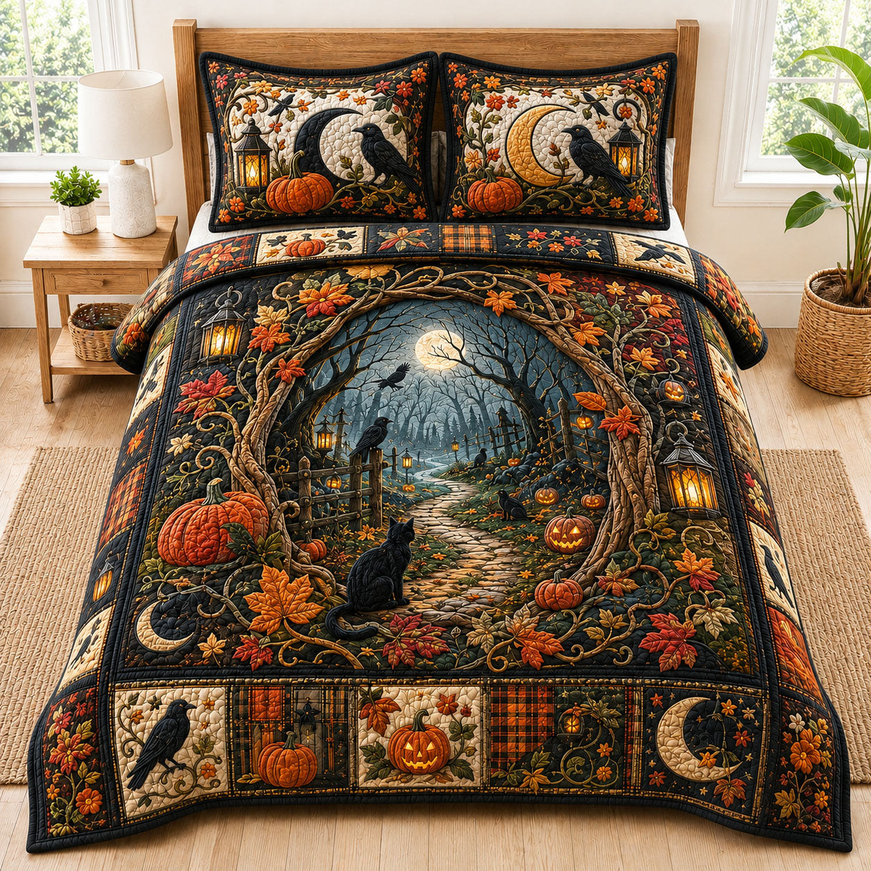 Halloween Pumpkin Forest Path 3-Piece Quilted Bedding Set GFTOHNL1095
