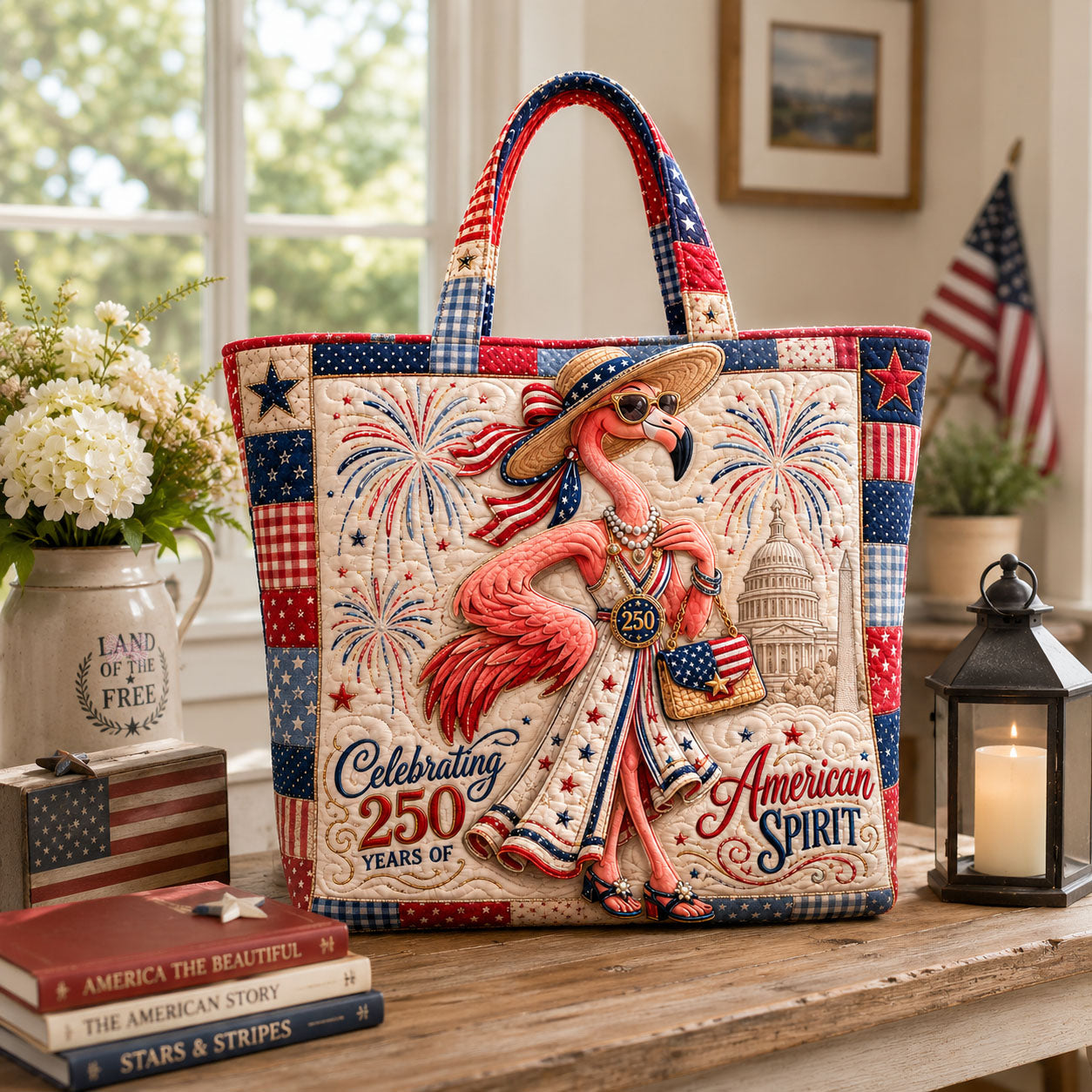 American Spirit Flamingo Quilted Tote Bag GFTOHNL1140