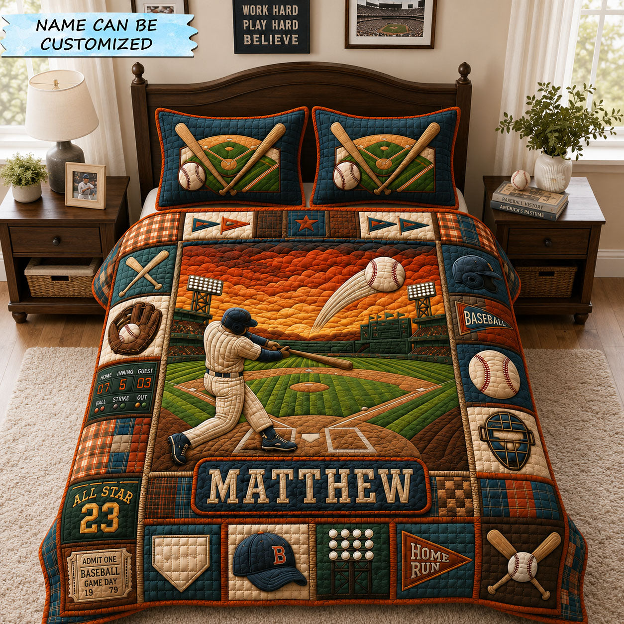 Personalized Baseball All Star Stadium 3-Piece Quilted Bedding Set QTCUZ GFTOHNL1170