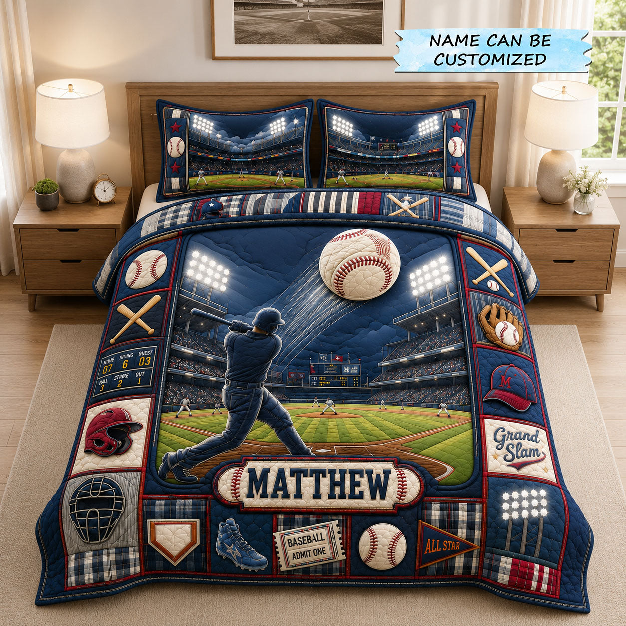 Personalized Baseball Home Run Stadium 3-Piece Quilted Bedding Set QTCUZ GFTOHNL1173