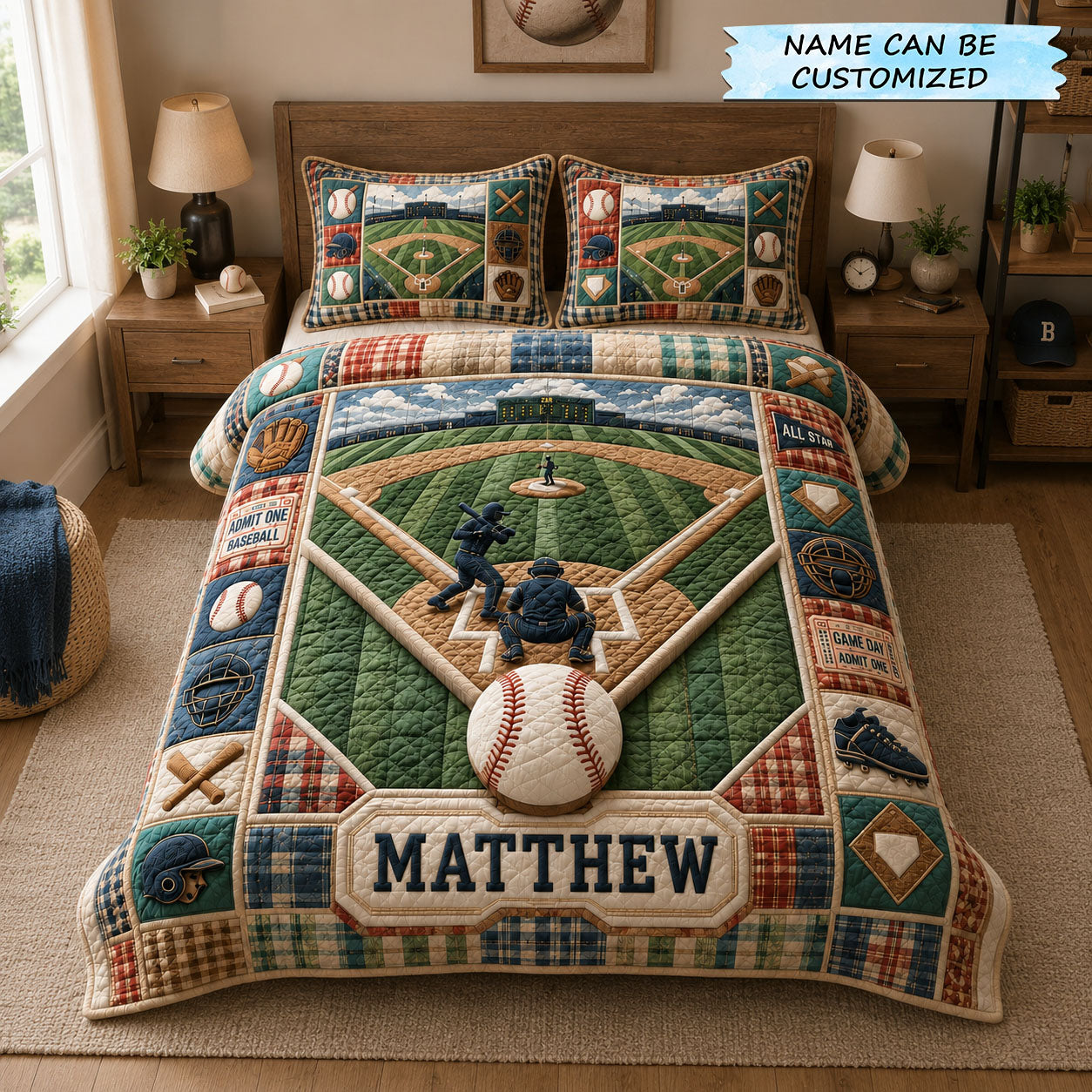 Personalized Baseball Game Day Field 3-Piece Quilted Bedding Set QTCUZ GFTOHNL1174