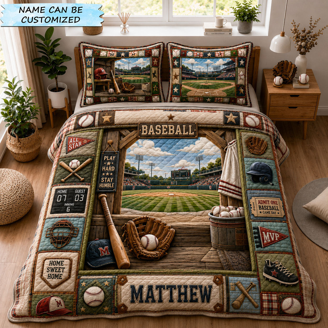 Personalized Vintage Baseball Dugout 3-Piece Quilted Bedding Set QTCUZ GFTOHNL1175