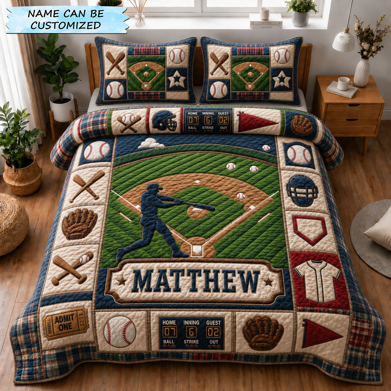 Personalized Baseball Player Field 3-Piece Quilted Bedding Set QTCUZ GFTOHNL1176