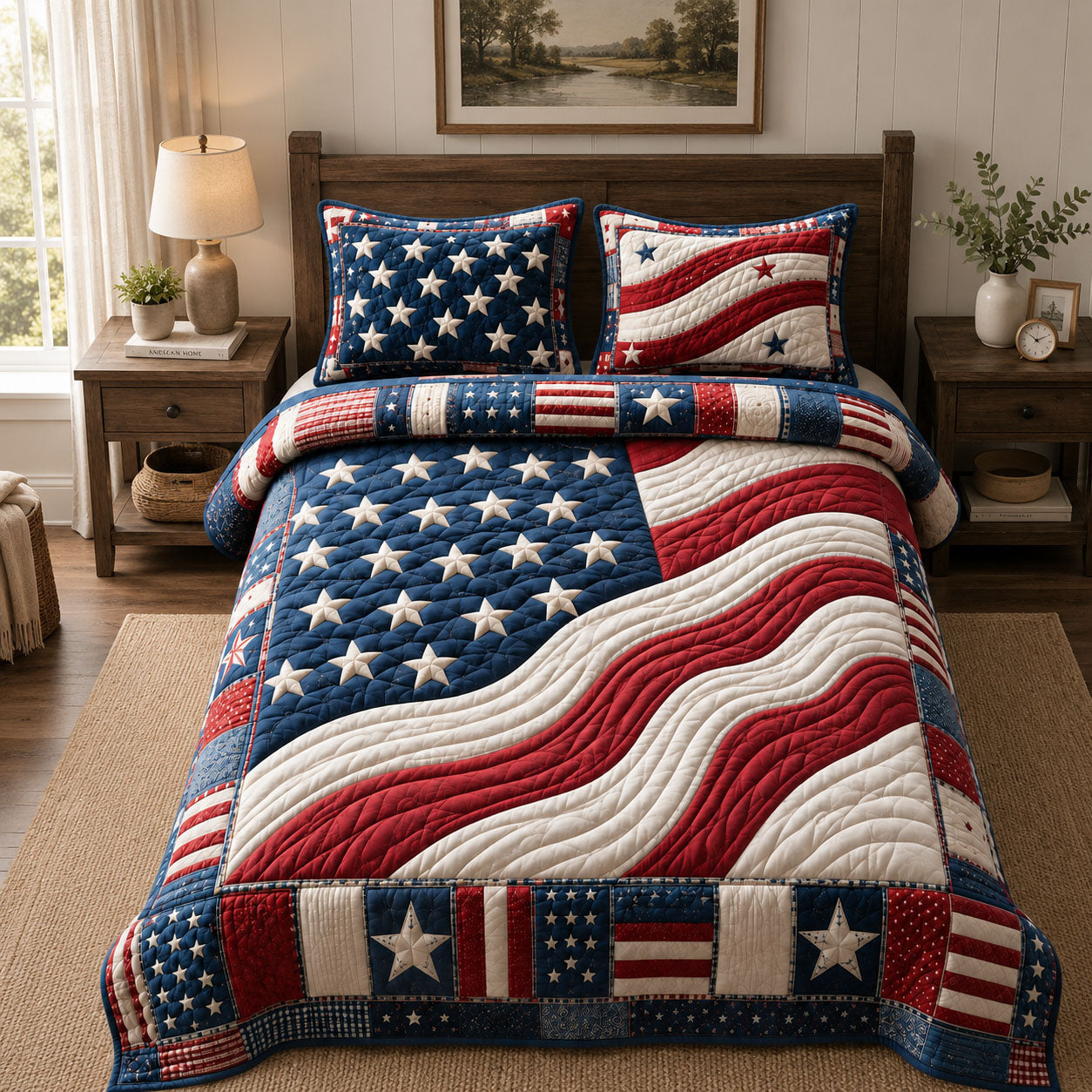 Patriotic Waving Flag 3-Piece Quilted Bedding Set GFTOHNL1178