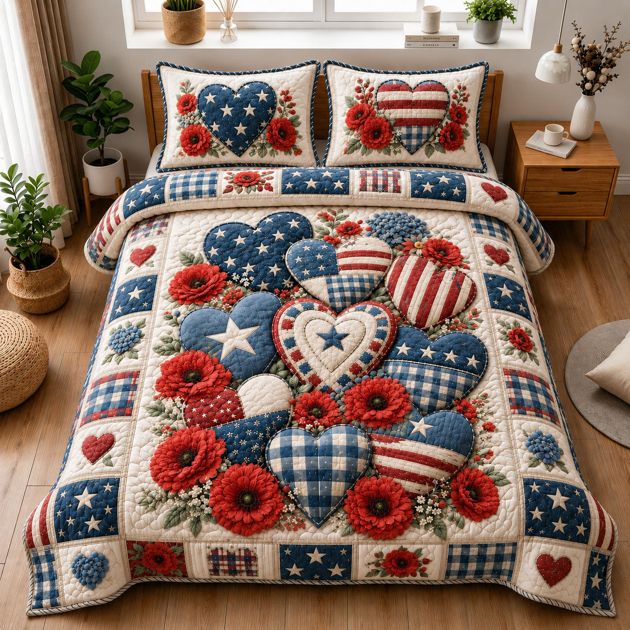 Patriotic Heart Floral Quilt 3-Piece Quilted Bedding Set GFTOHNL1183