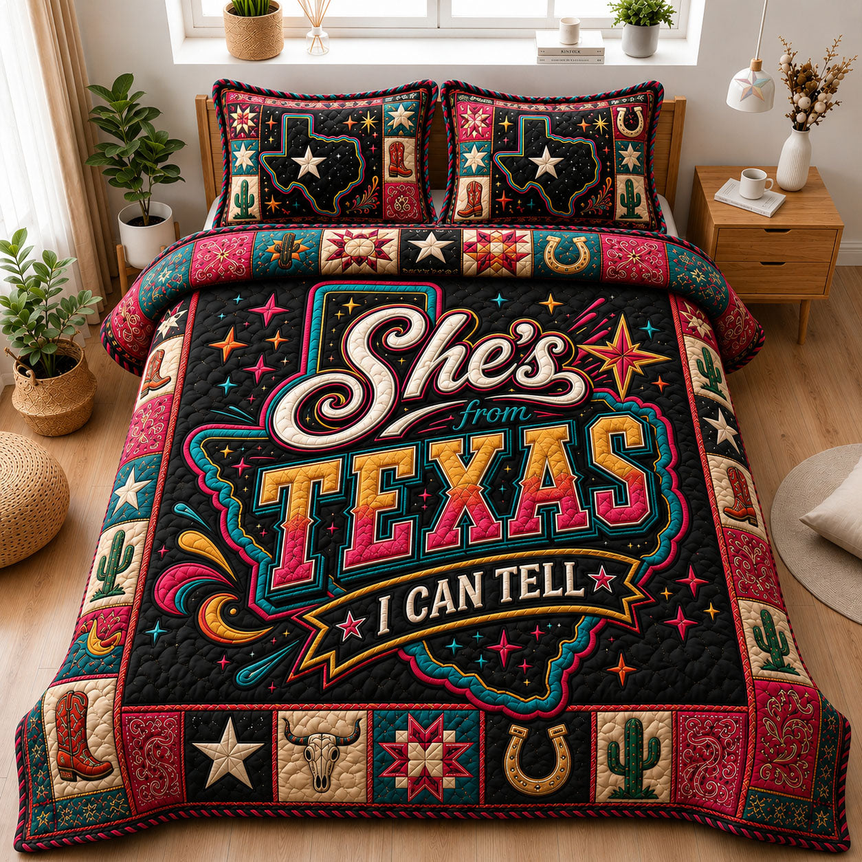 She’s From Texas Neon Rodeo 3-Piece Quilted Bedding Set GFTOHNL1196