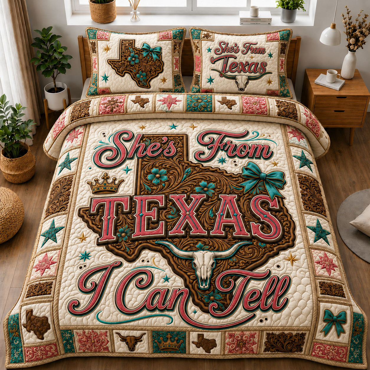She’s From Texas Tooled Leather Floral 3-Piece Quilted Bedding Set GFTOHNL1197
