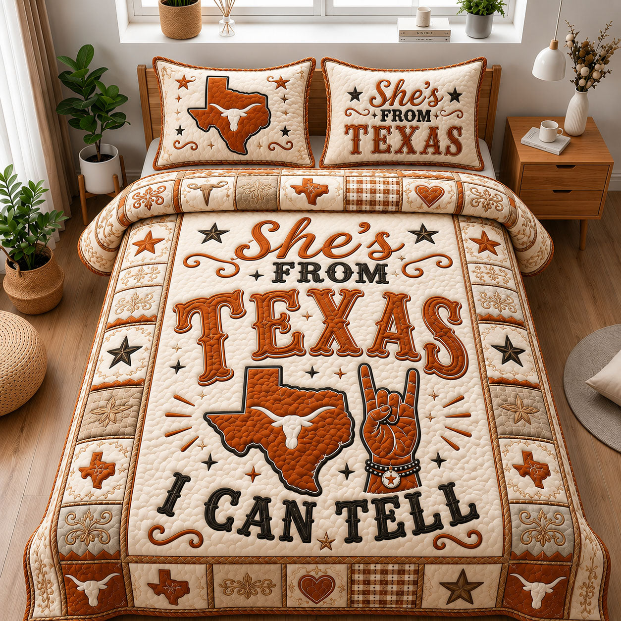 She’s From Texas Longhorn Spirit 3-Piece Quilted Bedding Set GFTOHNL1198