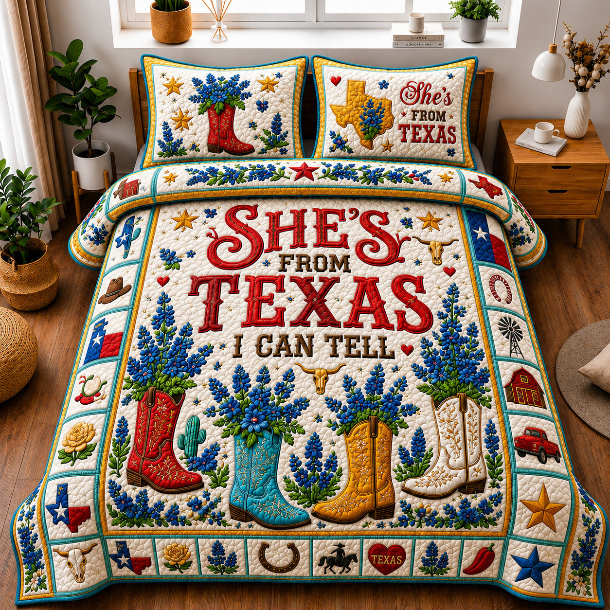 She’s From Texas Bluebonnet Boots 3-Piece Quilted Bedding Set GFTOHNL1201